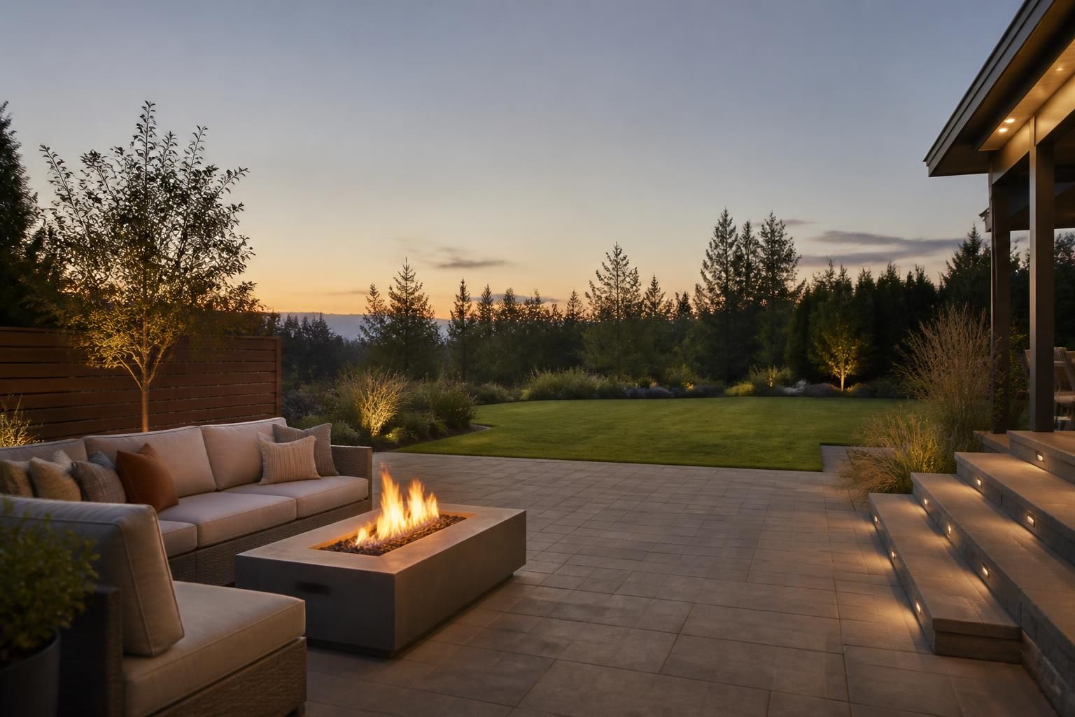 Finished backyard retreat with patio, fire pit, and open space.