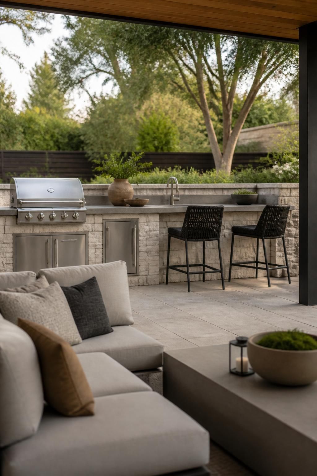 Modern backyard with outdoor kitchen and comfortable seating area.
