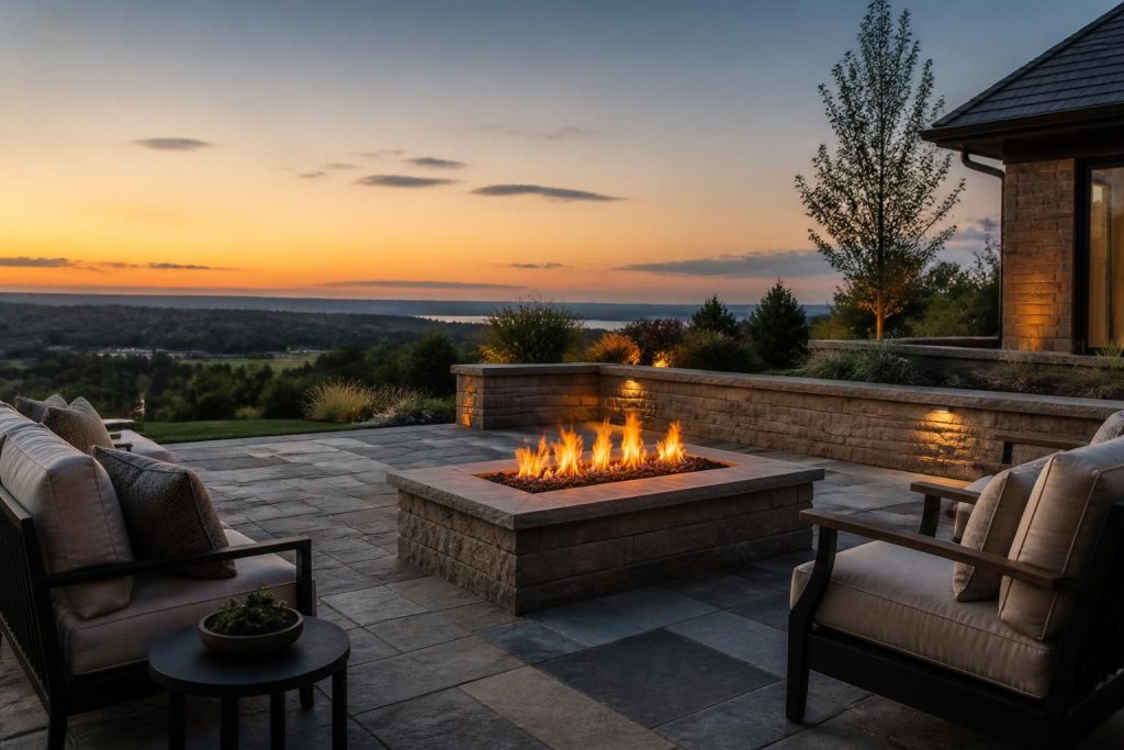 Finished patio with fire feature and soft landscaped surroundings.